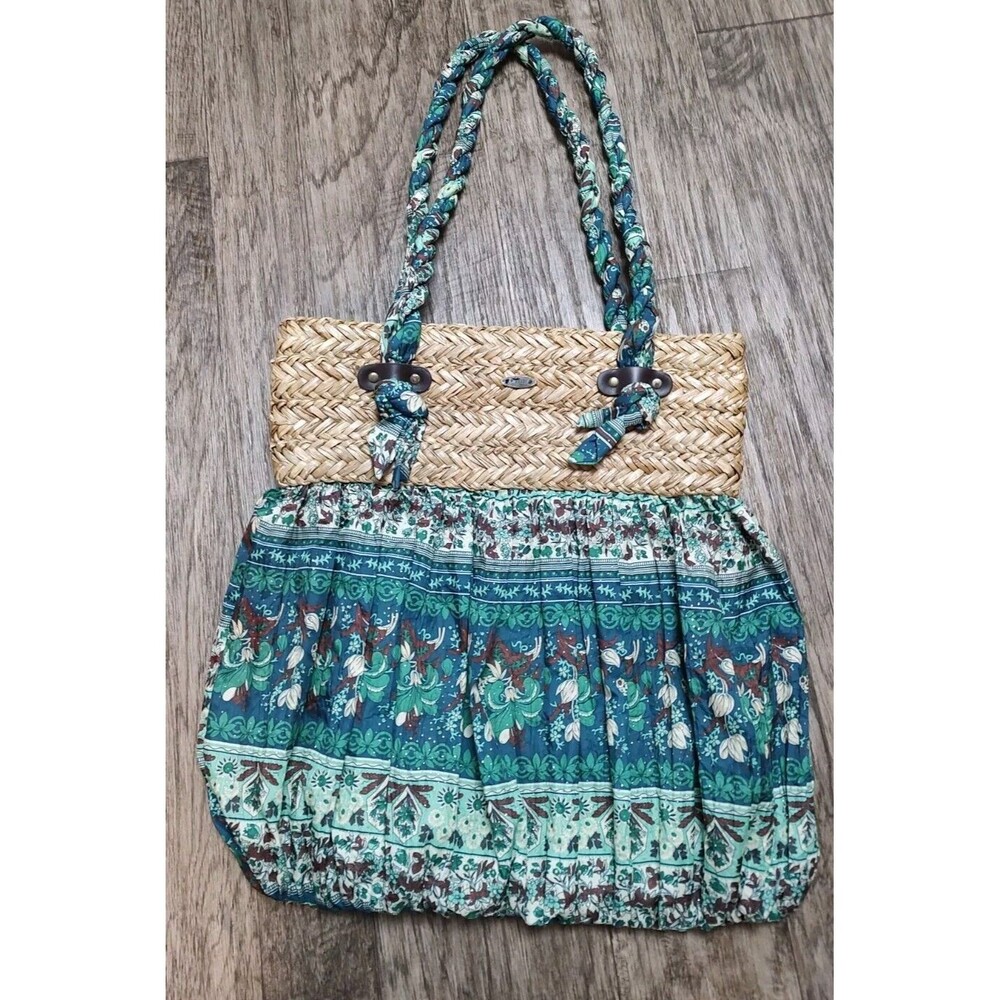 Cappelli Straworld Straw Fabric Green Brown Tan Floral Canvas Purse Bag Handbag